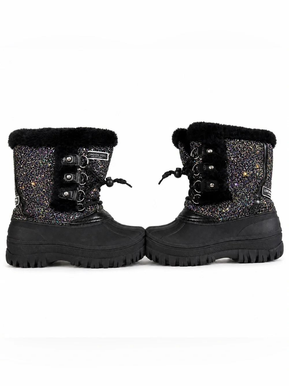 London Fog Toddler Girls Size 2 Glitter Winter Snow Boots Black Faux Fur
